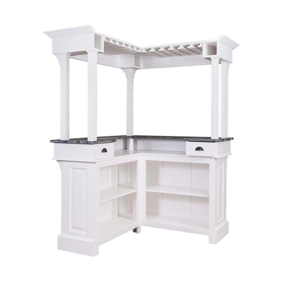 Fenyőfa bárpult sarokelem, hátsó nézet. Négy nagyméretű polccal és két fiókkal.