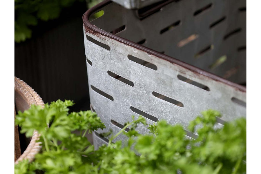 Hangulatkép: a görgős virágállvány egy teraszon, rajta növények, kaspók, lámpások