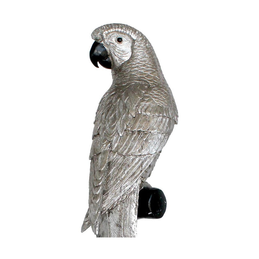 Ezüst színű dekoratív papagáj, díszes fém talapzaton