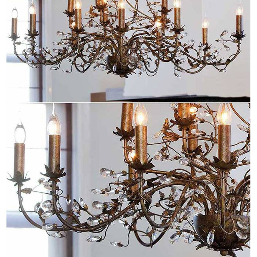 Vintage stílusú, antik bronz színű, üveg virágokkal díszített, 15 karú csillár