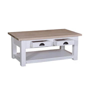 Klasszikus formatervezésű dohányzóasztal két fiókkal és egy polccal. Színe: fehér és natúr.