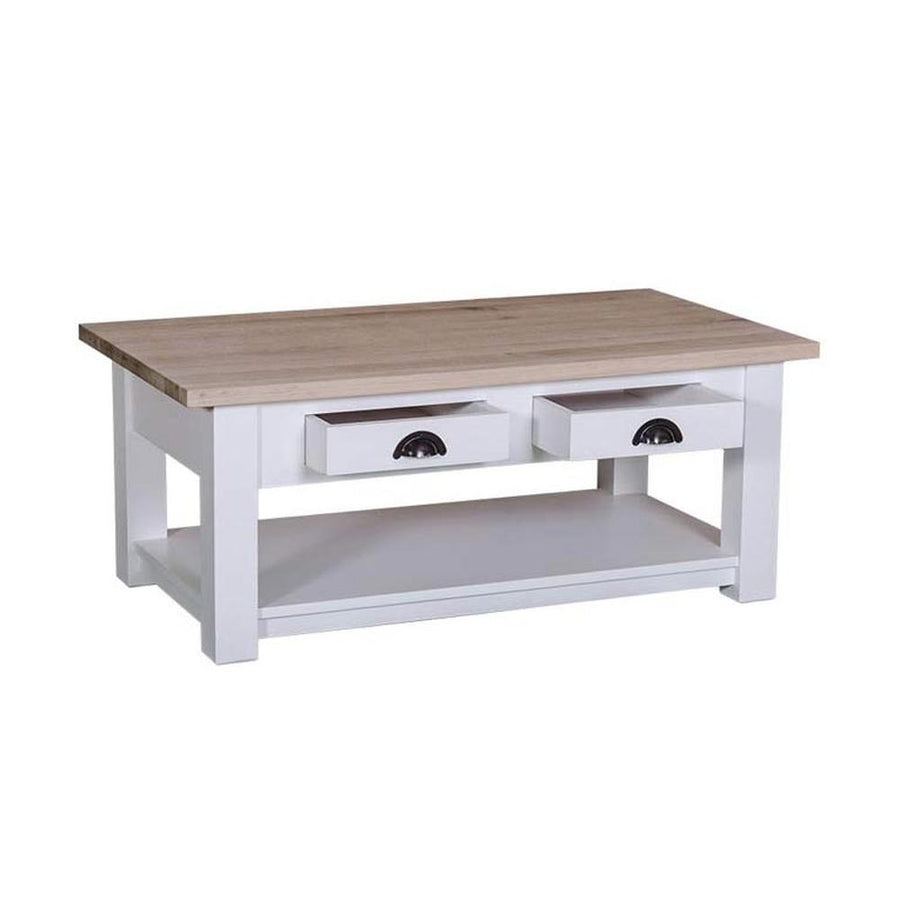 Klasszikus formatervezésű dohányzóasztal két fiókkal és egy polccal. Színe: fehér és natúr.