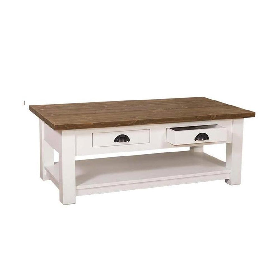 Klasszikus formatervezésű dohányzóasztal, két fiókkal, egy polccal. Színe: natúr és fehér.