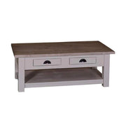 Klasszikus formatervezésű dohányzóasztal, két fiókkal, egy polccal. Színe: szürke és barna.