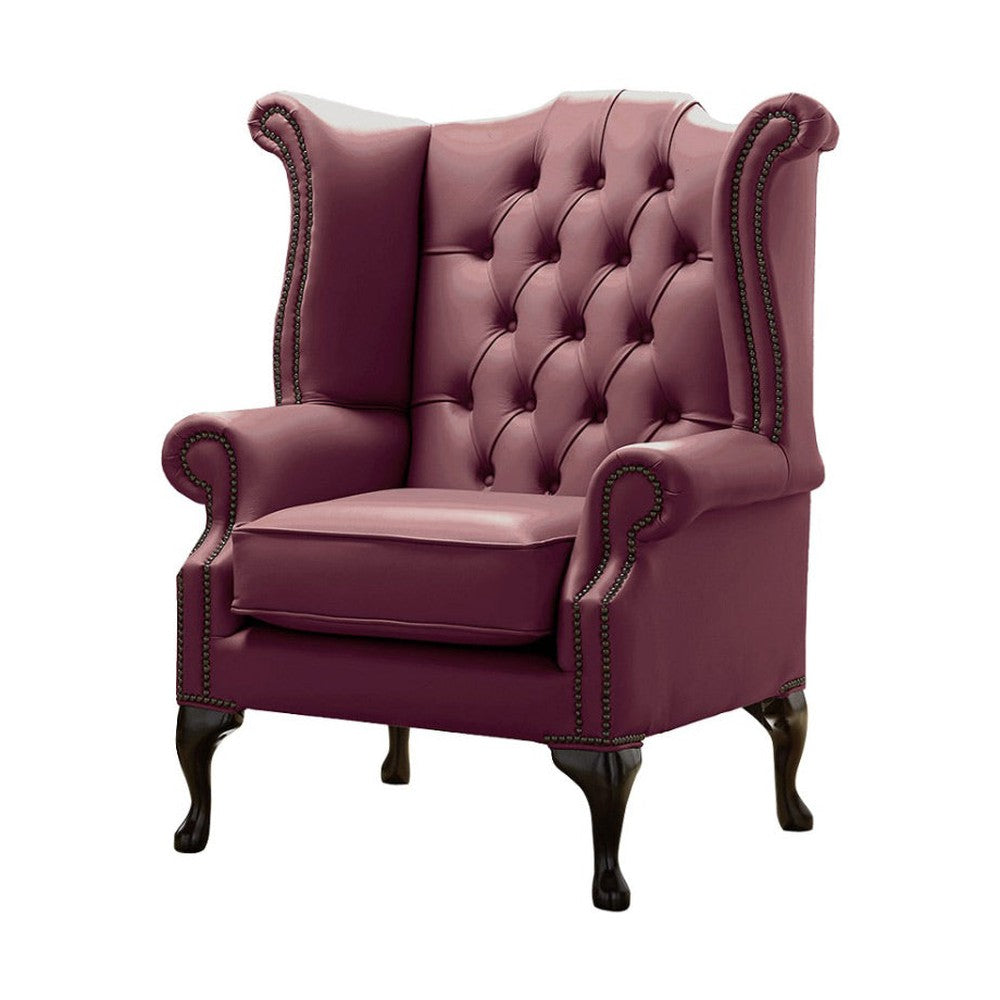 Vintage mályvaszínű bőrrel kárpitozott Chesterfield szárnyas fotel.
