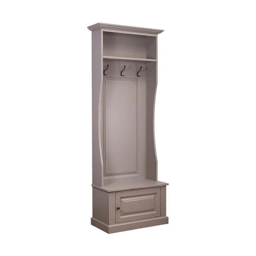 Antikolt szürke színű klaszicizáló előszobafal három fogassal és cipősszekrénnyel.