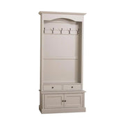 Tojáshéj-fehér klasszicizáló előszobafal öt fogassal, két fiókkal és cipősszekrénnyel.