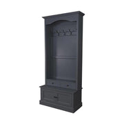 Sötétszürke klasszicizáló előszobafal öt fogassal, két fiókkal és cipősszekrénnyel.