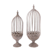 Patinázott felületű fémkaspó szett, melynek alakja a madárkalitkákat idézi 