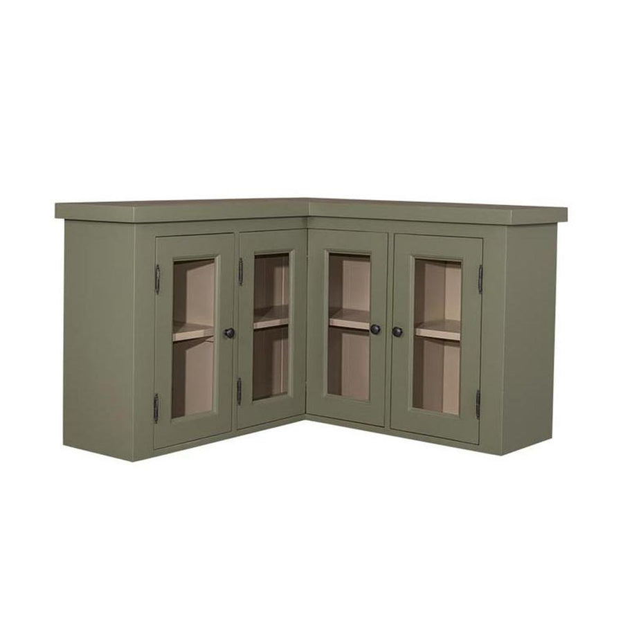 Olivazöld konyhai faliszekrény sarokelem négy üveges ajtóval.