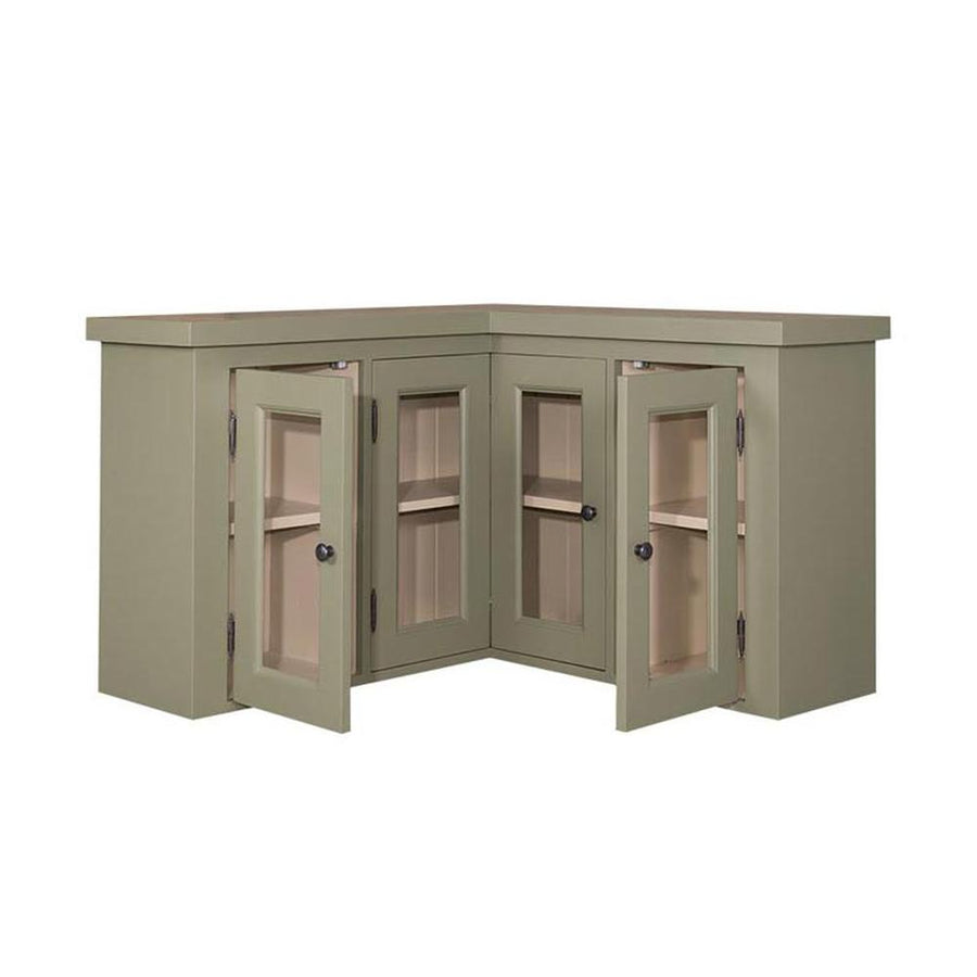 Olivazöld konyhai faliszekrény sarokelem négy üveges ajtóval.