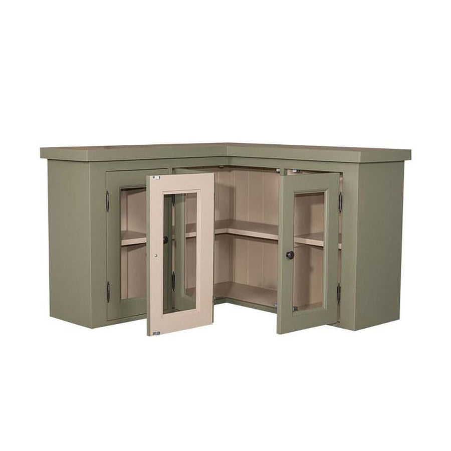 Olivazöld konyhai faliszekrény sarokelem négy üveges ajtóval.