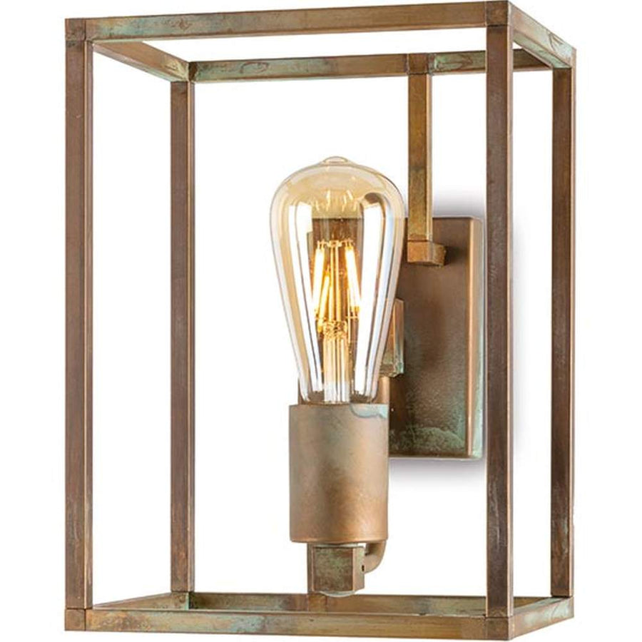 Ipari stílusú, rézből készült falilámpa, téglatest alakú keretben.
