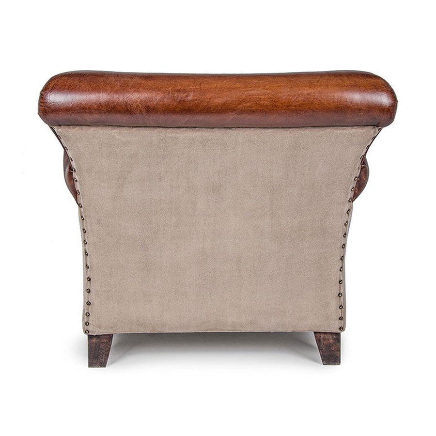 Loft stílusú, mangófából készült, bőrrel és vászonnal kárpitozott fotel.