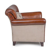 Loft stílusú, mangófából készült, bőrrel és vászonnal kárpitozott fotel.