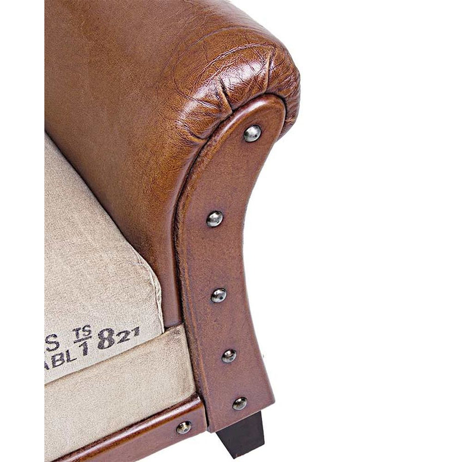 Loft stílusú, mangófából készült, bőrrel és vászonnal kárpitozott fotel.