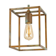 Ipari stílusú, antikolt sárgaréz színű, téglalap alakú réz függeszték részlete.