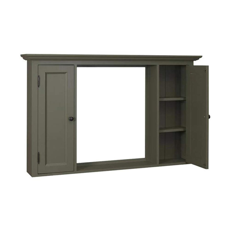 Zöld színű fürdőszoba szekrény nagyméretű tükörrel.