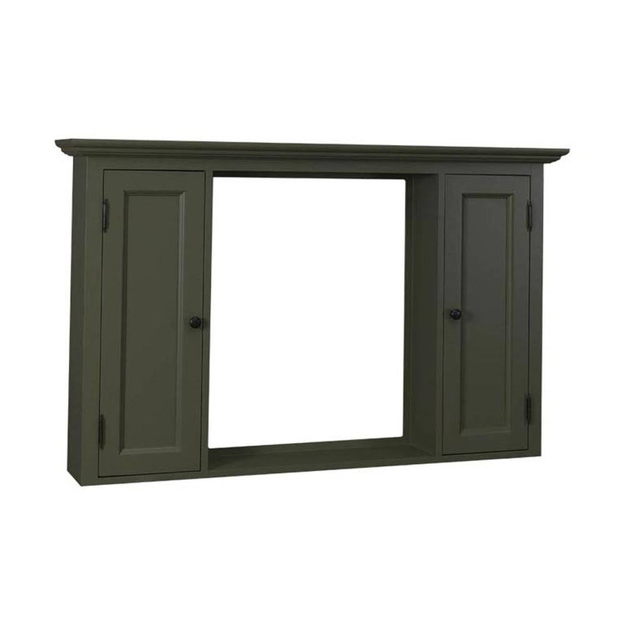 Sötétzöld színű fürdőszoba szekrény nagyméretű tükörrel.