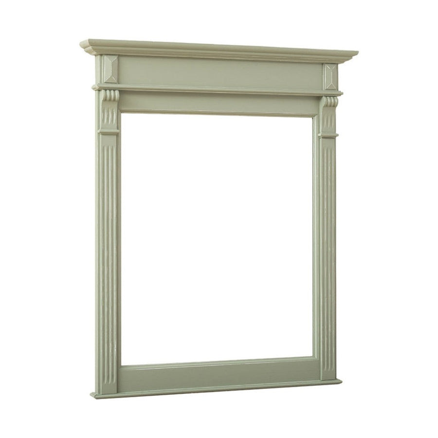 Country stílusú fenyőfakeretes tükör, klasszicizáló faragásokkal. Olívazöld színű.