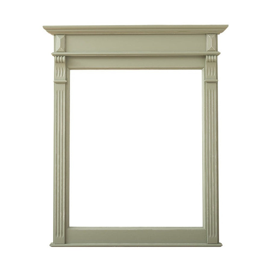 Country stílusú fenyőfakeretes tükör, klasszicizáló faragásokkal. Olívazöld színű.