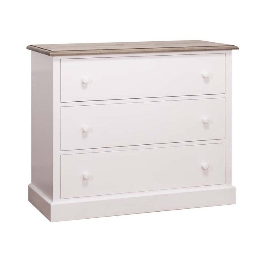 Fenyőfából készült, festett, fehér színű komód szürkésbarna színű tölgy fedlappal.