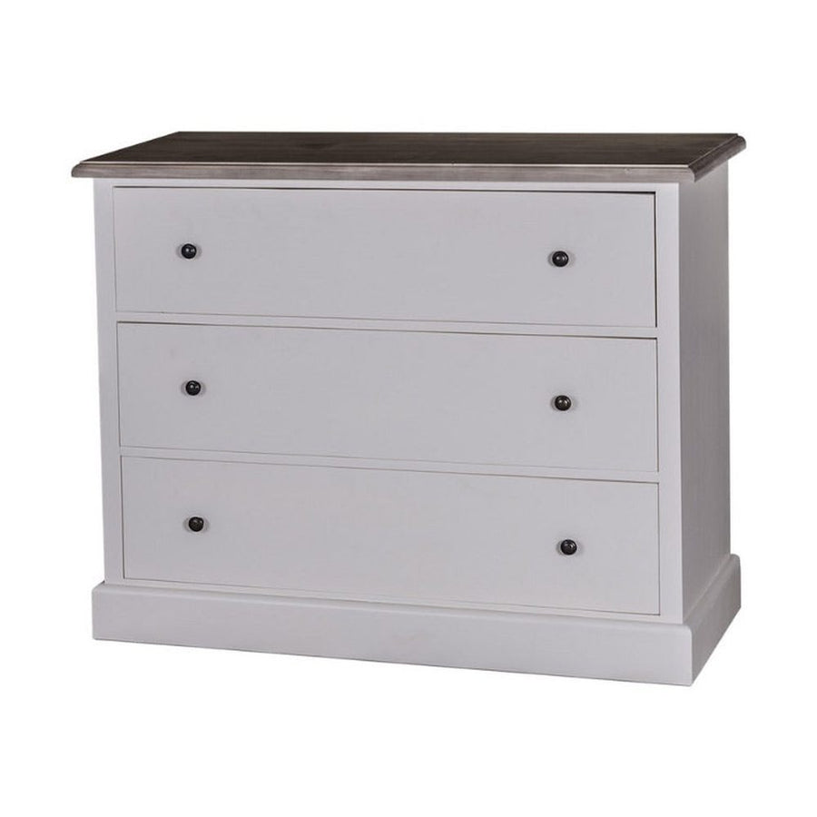 Fenyőfából készült, festett, fehér színű komód kávébarna színű tölgy fedlappal.