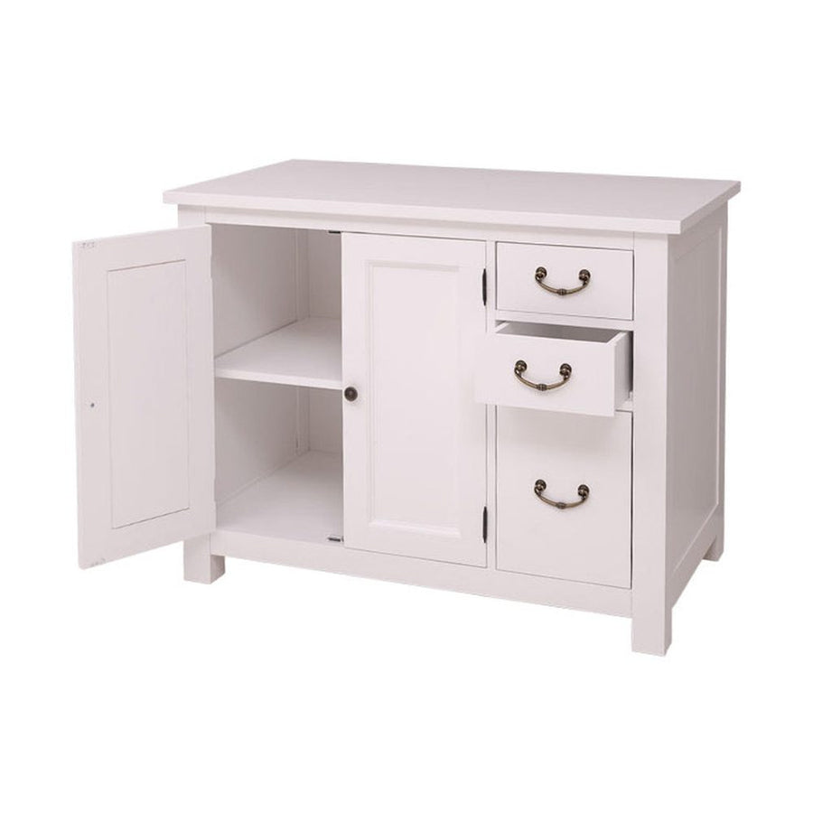 Fehér színű, tömör fenyőfából készült konyhabútor fiókokkal és polcos tárolóval.