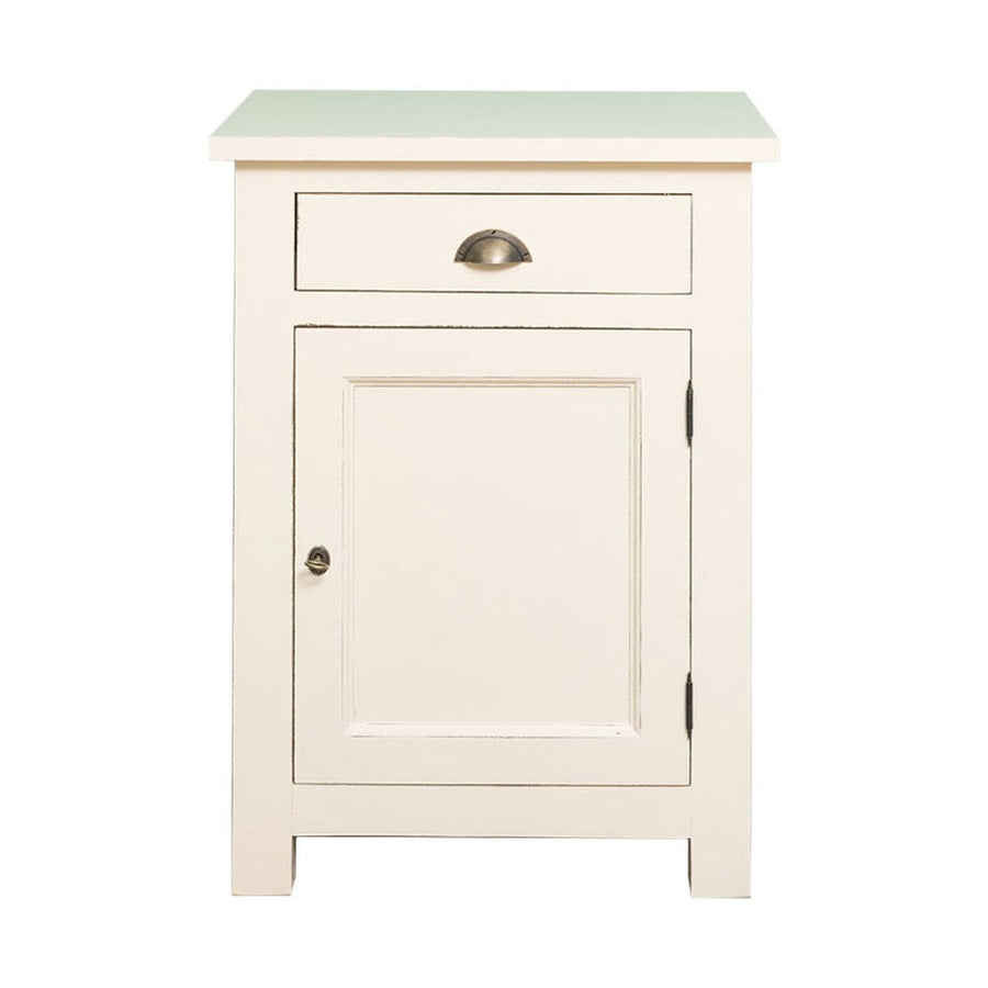 Tömör fenyőfa konyhaszekrény fiókkal, polcos tárólóval. Színe: antikolt fehér.