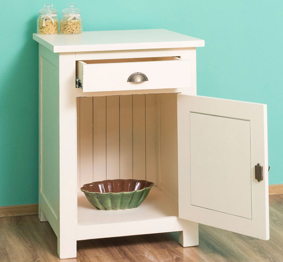 Tömör fenyőfa konyhaszekrény fiókkal, polcos tárólóval. Színe: antikolt fehér.