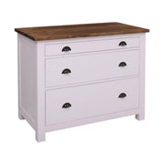 Fehér színű, tömör fenyőfából készült polcos konyhaszekrény, sötétbarna fedlappal.