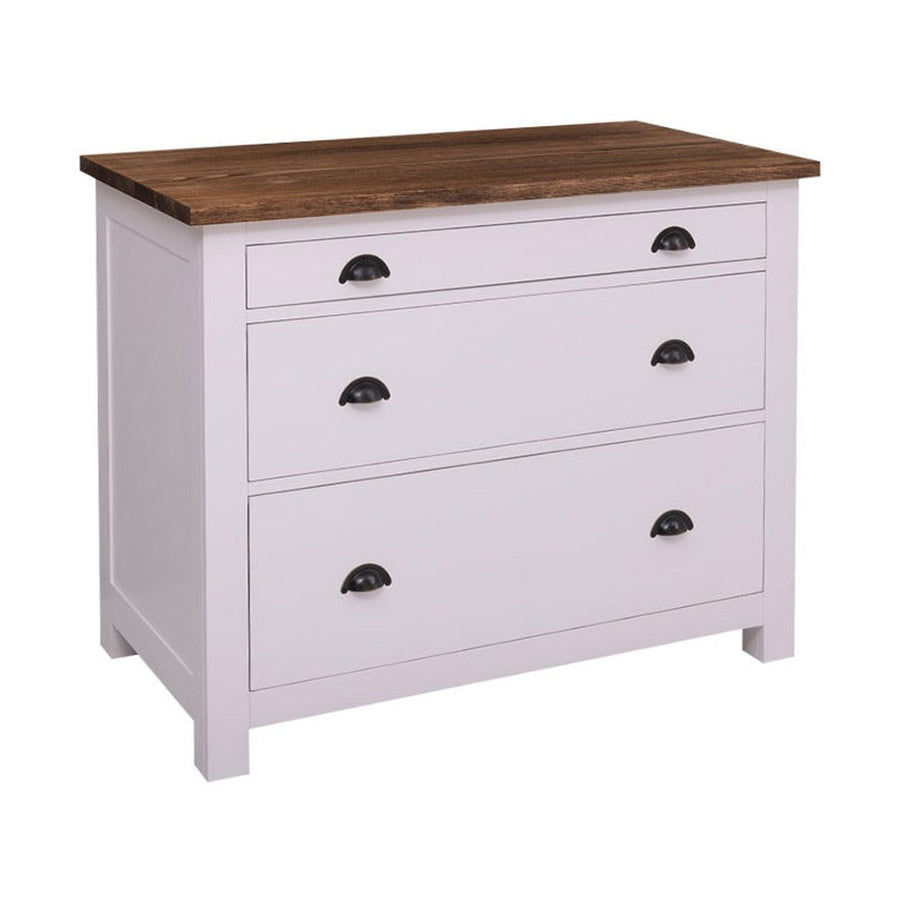 Fehér színű, tömör fenyőfából készült polcos konyhaszekrény, sötétbarna tölgyfa fedlappal.