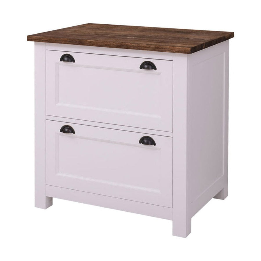 Fehér színű, tömör fenyőfából készült fiókos konyhaszekrény, sötétbarna fedlappal.