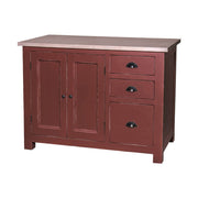 Antikolt bordó színű, tömör fenyőfából készült konyhaszekrény natúr tölgyfa fedlappal.