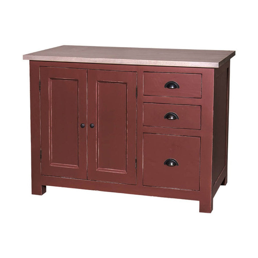 Antikolt bordó színű, tömör fenyőfából készült konyhaszekrény natúr tölgyfa fedlappal.