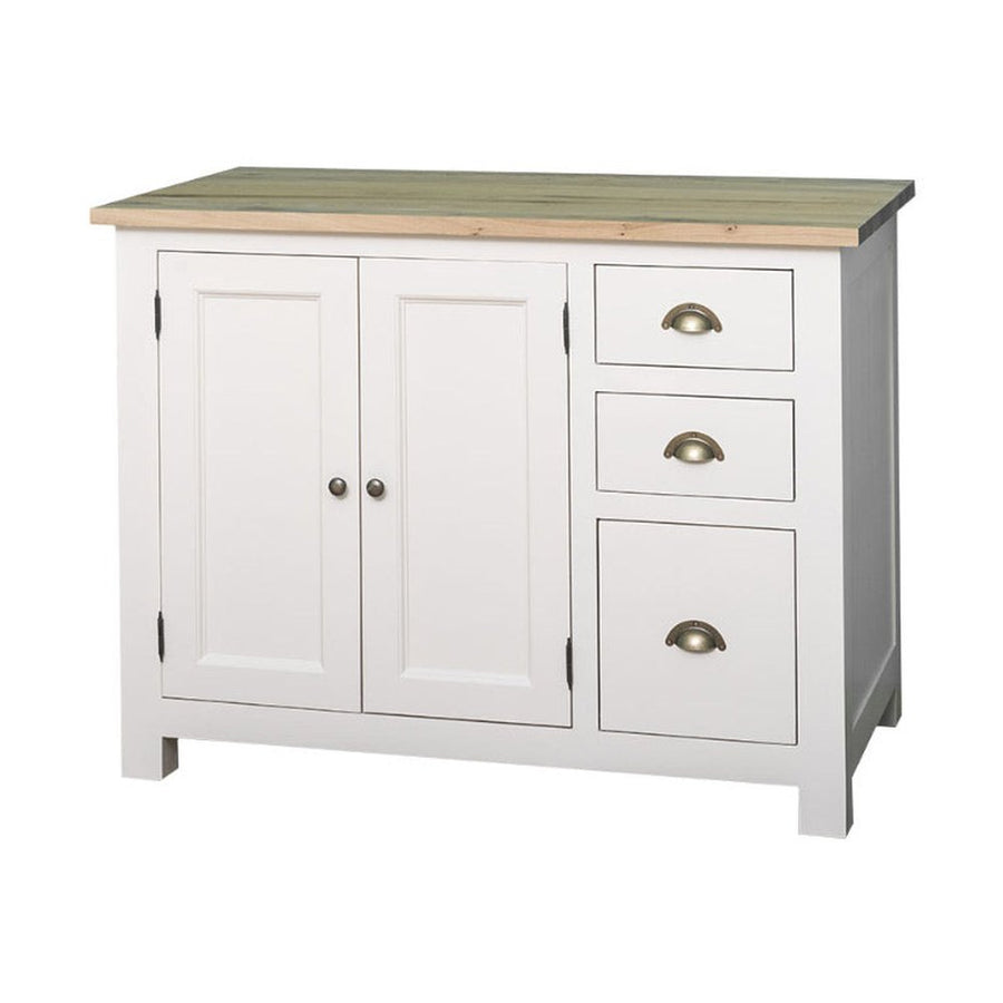 Fehér színű, tömör fenyőfából készült konyhaszekrény natúr tölgyfa fedlappal.