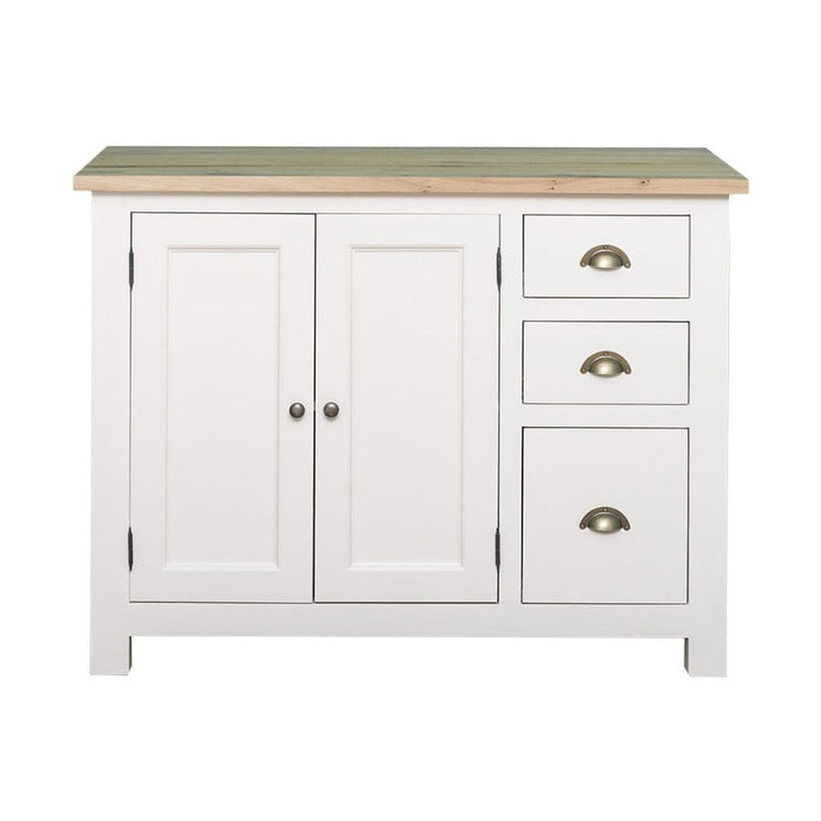 Fehér színű, tömör fenyőfából készült konyhaszekrény natúr tölgyfa fedlappal.