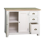 Fehér színű, tömör fenyőfából készült konyhaszekrény natúr tölgyfa fedlappal.