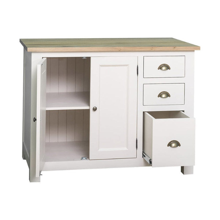 Fehér színű, tömör fenyőfából készült konyhaszekrény natúr tölgyfa fedlappal.