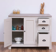 Antikolt krémszínű, tömör fenyőfából készült konyhaszekrény natúr tölgyfa fedlappal.