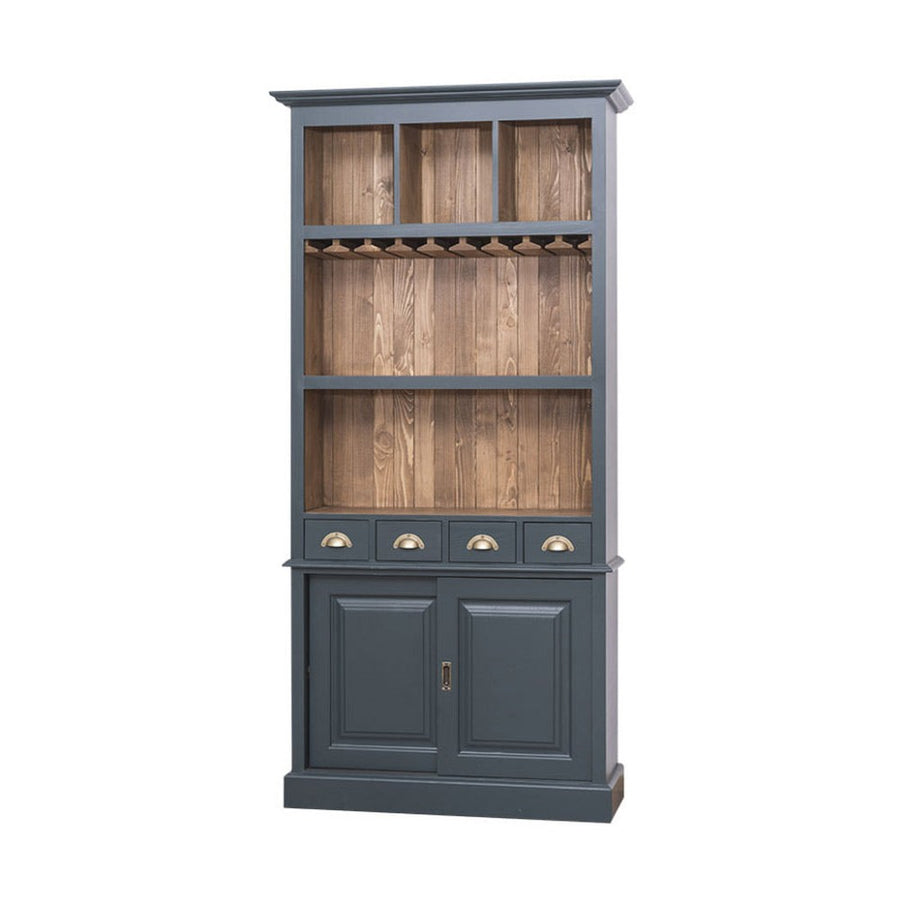 Fenyőfa pohárszék szekrény. A bútor felső részén három tárolórekesz, két polc, valamint talpasz poharak számára kialakított tárolósor lett kialakítva. Alul három fiók, és tolóajtós tároló található. Színe: sötét türkizkék és natúr.