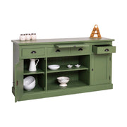 Fenyőfából készült, vidéki stílusú tálaló 4 fiókkal, 2 ajtós tárolóvól, nyitott polccal. Színe: zöld.