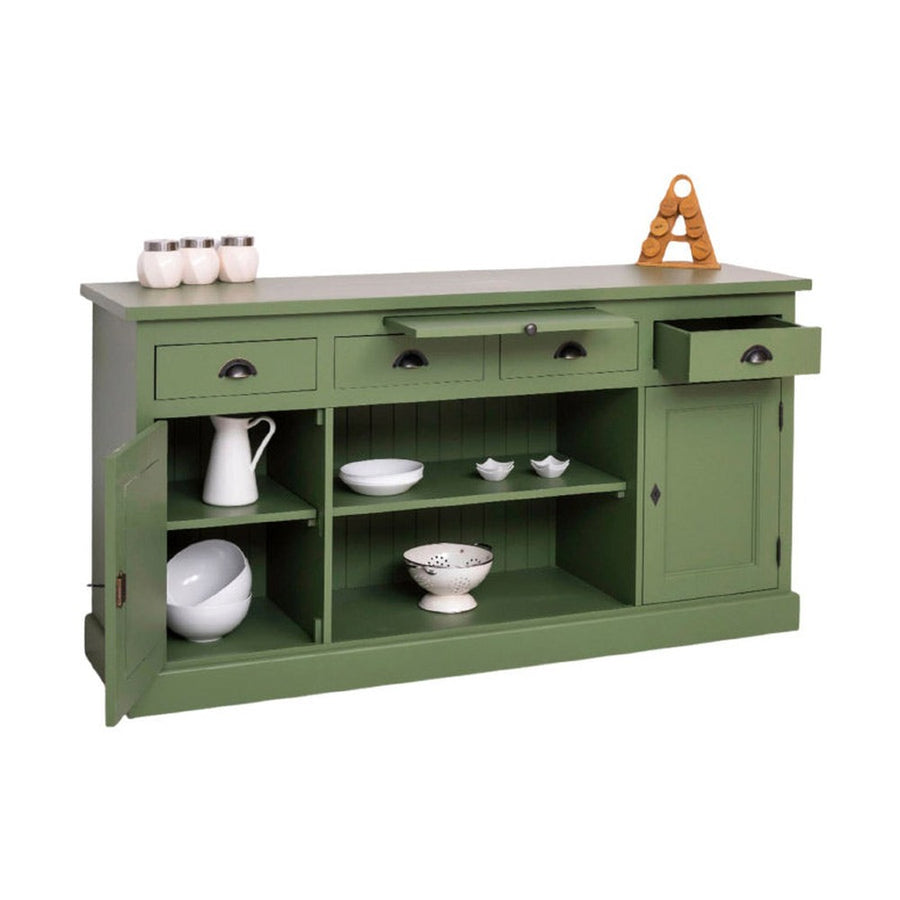 Fenyőfából készült, vidéki stílusú tálaló 4 fiókkal, 2 ajtós tárolóvól, nyitott polccal. Színe: zöld.