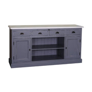 Fenyőfából készült, vidéki stílusú tálaló 4 fiókkal, 2 ajtós tárolóvól, nyitott polccal. Színe: szürkéskék.