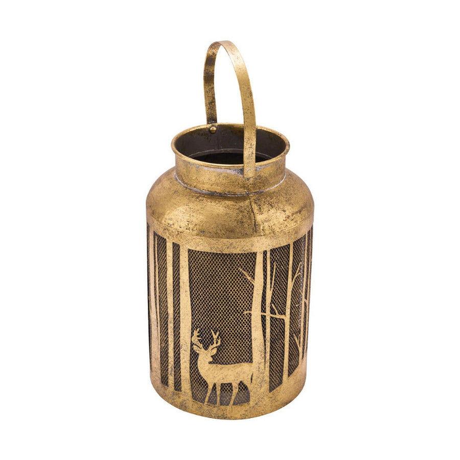 Vidéki stílusú, antikolt arany színű,  karácsonyi fémlámpás erdőben álló szarvas sziluettel.