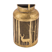 Vidéki stílusú, antikolt arany színű,  karácsonyi fémlámpás erdőben álló szarvas sziluettel.