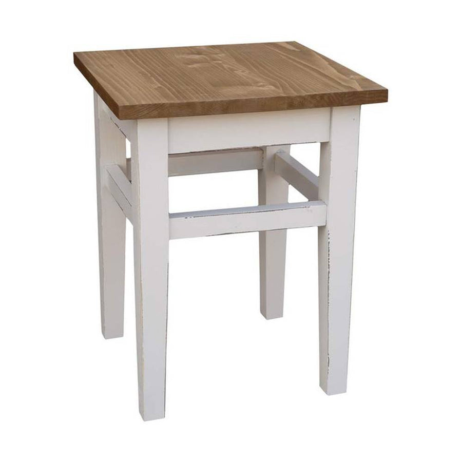 Klasszikus kivitelezésű hokedli, az ülőlap natúr színű, míg a lábai antikolt fehérek.