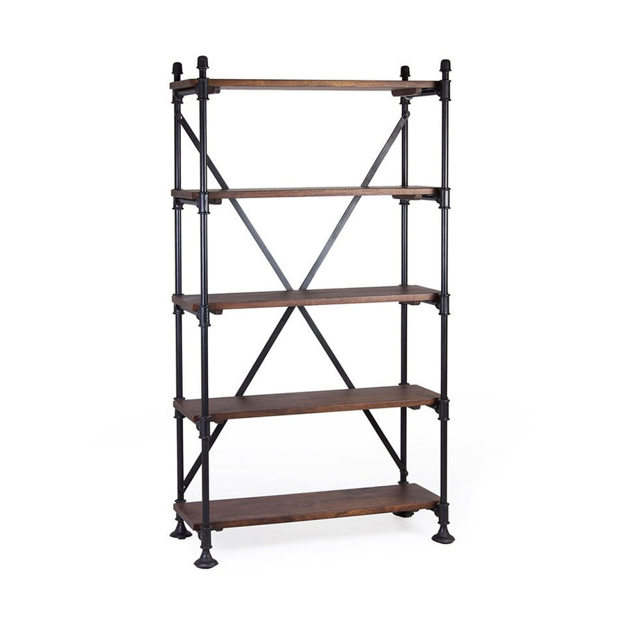 Industrial stílusú polcos állvány, fekete vas szerkezettel és öt darab mangófa polccal.