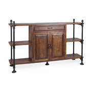 Industrial stílusú mangófa tálaló négy szabad polccal, egy fiókkal és ajtóval zárható polcos tárolóval.