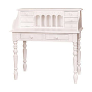 Dekoratív faragású kétszintes íróasztal. A hátsó megemelt részen hat kisebb méretű fiók, és öt levélrekesz került kialakításra. A tárolást tovább két fiók segíti elő az asztallap alatt. Színe fehér.